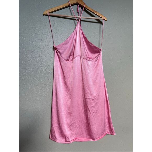 Zara Pink Satin Slip Mini Dress with Halter Tie Back – Size L” - Picture 4 of 9